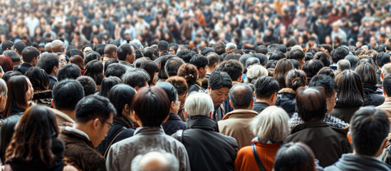 A large crowd of diverse people gathered closely together, showcasing sea of faces and expressions in bustling environment. atmosphere is vibrant and dynamic, reflecting sense of community and interac