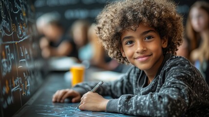 Student Engaged in Writing Math Equations on Chalkboard in Classroom During Afternoon Learning Session