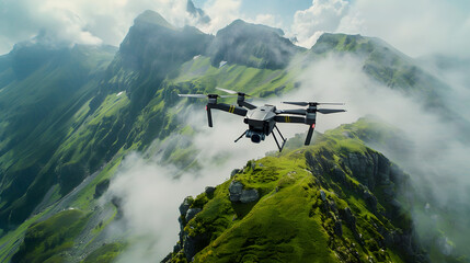 Fototapeta premium A small drone flying in the sky, surveillance, espionage. Neural network AI generated art