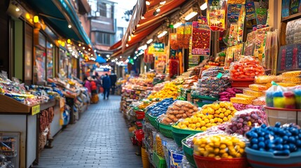 Fototapeta premium A bustling market with colourful goods on display.