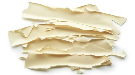 Realistic image of coarse-textured, cream-colored paper strips with torn edges, overlaying each other and isolated on a white background.