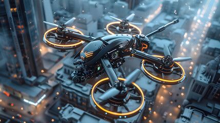 A small drone flying in the sky, surveillance, espionage. Neural network AI generated art