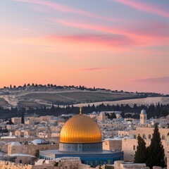 Obraz premium Visualize the skyline of Jerusalem and Palestine during dawn including the Dome of the Rock and the Western Wall.