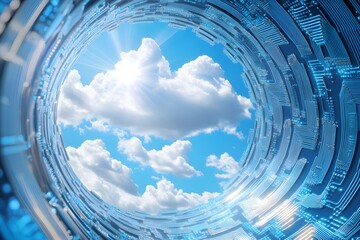 A banner featuring white clouds on a blue digital circuit board background