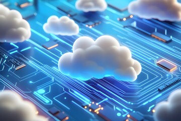 A banner featuring white clouds on a blue digital circuit board background