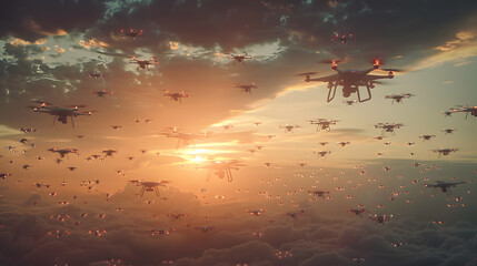 Fototapeta premium A small drone flying in the sky, surveillance, espionage. Neural network AI generated art