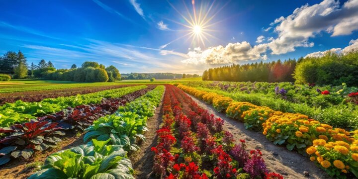 Under a radiant blue sky, a vibrant polyculture field flourishes, teeming with diverse crops that grow together