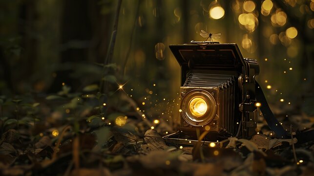 A antique camera lighted by a firefly in a poorly lit woodland