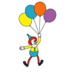 カラフルな風船を持っているピエロのイラスト　白背景の切り抜き