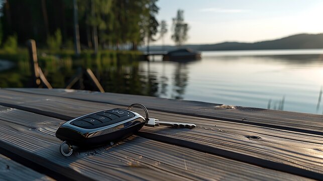 A automobile key fob resting on a wooden deck with a serene lake view
