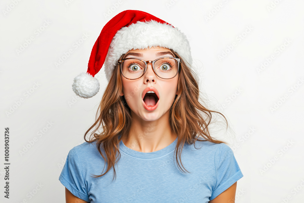 Canvas Prints A woman wearing a santa hat and glasses with a surprised expression