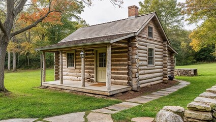 Rustic, single-story log cabin situated in a serene, wooded area. The cabin is constructed from weathered wooden logs, with a shingled roof and a small porch. 