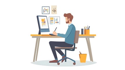 An icon of an employee sitting at their desk, using graphic design software on the computer to create flat illustrations in blue and yellow tones