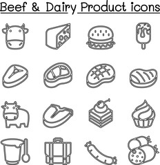 Beef & Dairy Products icon set in thin line style