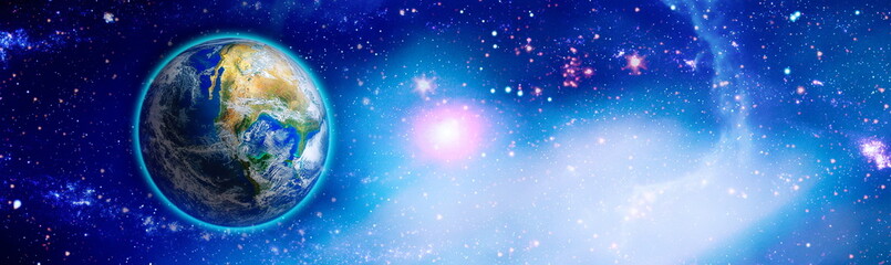 Earth from space. Earth globe with stars and nebula background. Earth, Galaxy and Sun from space. Blue Sunrise.Elements of this image furnished by NASA.