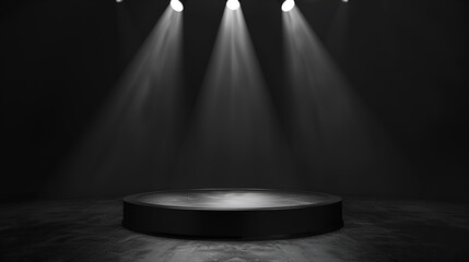 Podium black dark smoke background product platform abstract stage texture fog spotlight. Dark black floor podium dramatic empty night room table concrete wall scene place display studio smoky dust
