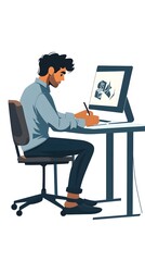 An icon of an employee sitting at their desk, using graphic design software on the computer to create flat illustrations in blue and yellow tones