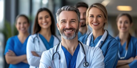 Medical team smiling while standing with arms crossed in hospital