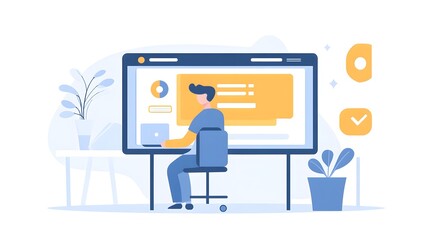 Fototapeta premium An icon of an employee sitting at their desk, using graphic design software on the computer to create flat illustrations in blue and yellow tones