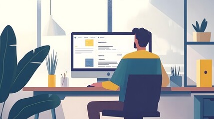 An icon of an employee sitting at their desk, using graphic design software on the computer to create flat illustrations in blue and yellow tones
