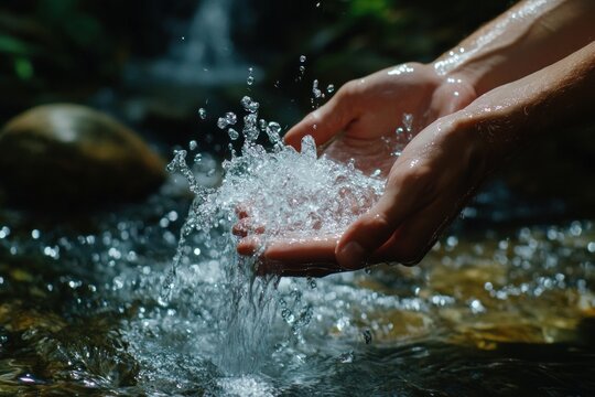 Man cupping hands catching flowing clean water from mountain spring