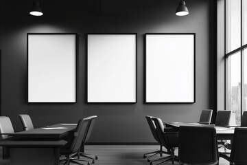 Three white mockup posters on the wall in office, black background. AI generation