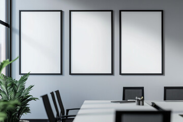 Three white mockup posters on the wall in office, white background. AI generation