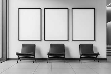 Three white mockup posters on the wall in office, white background. AI generation
