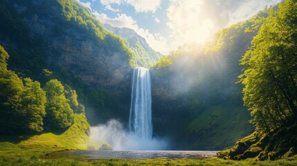 Fototapeta premium Majestic Waterfall Cascading from Mountain Landscape