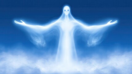 Obraz premium Ethereal figure emerges from clouds, radiating a serene and mystical presence against a blue backdrop.