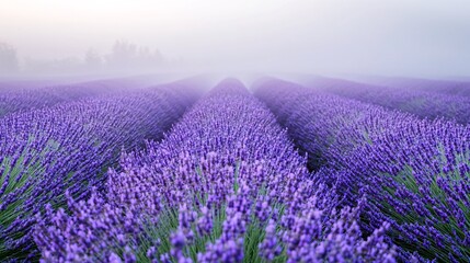 Obraz premium A vast field of lavender blooms stretching out into a misty morning.