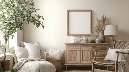Mock up frame in a Scandinavian-inspired dressing area with natural wooden furniture and soft textiles, 3D render 