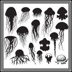 Naklejka premium Silhouettes set of a jellyfish, sea animal illustration.