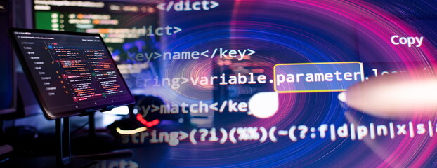 Abstract computer script code. Programming code screen of software developer. Software Programming Work Time.