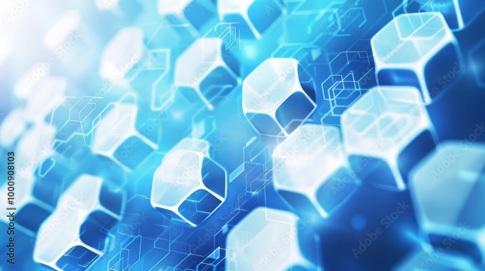 Poster a blue and white background with many cubes of different sizes
