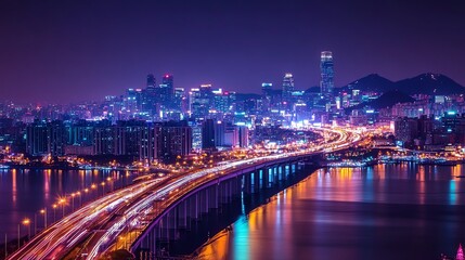 Fototapeta premium A long exposure shot of a bridge with car headlights streaking through the city at sunset.