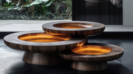 Obraz premium A stylish light table combines sleek minimalist design with intricate wicker elements, creating a striking focal point in the modern interior. The contrasting dark background enhances the aesthetic.