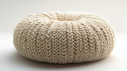 Cream-colored pouf made of large soft yarn set against a white background, perfect for cozy home decor and comfortable seating