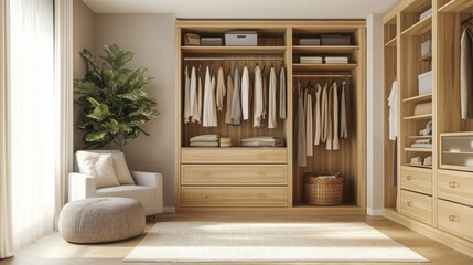 Mock up frame in an elegant dressing room with natural wooden closet and light, airy decor 