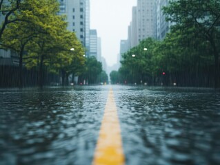 Torrential rain flooding a city street, showcasing the raw, destructive power of water in urban environments, city flood, urban water impact