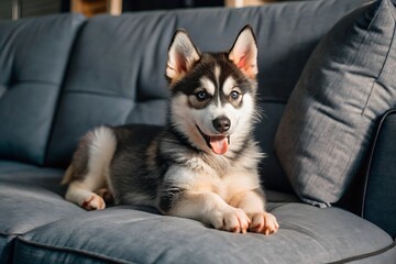 Adorable Husky Puppy Relaxing on a Couch