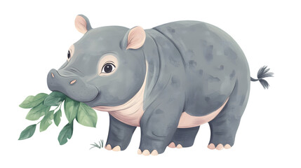 Fototapeta premium A cute, cartoon-style hippo with a plant in its mouth, set against a black background.