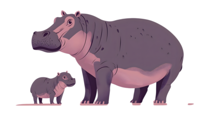 A cartoon-style illustration of a mother hippopotamus and her calf standing together on a simple surface against a dark background.