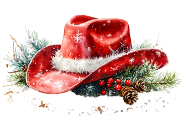 A festive red cowboy hat adorned with snowflakes and holiday greenery, set against a black background.