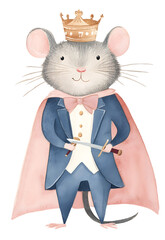 A whimsical cartoon mouse dressed as a king, adorned with a crown and cape, holding a sword, set against a dark background.