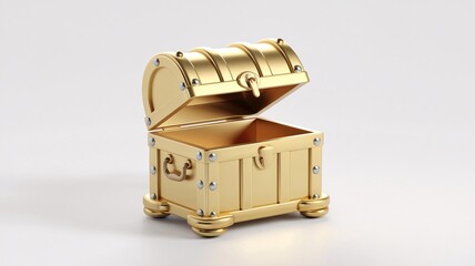 3D Render of a Golden Treasure Chest with Slightly Open Lid Luxurious Design with Empty Interior, Metallic Rivets, and Reflective Gold Finish on a White Background