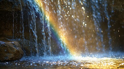 Water Cascading Over Rocky Ledge with Rainbow Effect