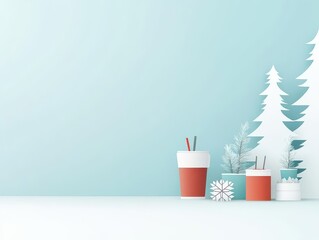 Obraz premium Hot cocoa by the fireplace, snowcovered trees outside, flat design illustration