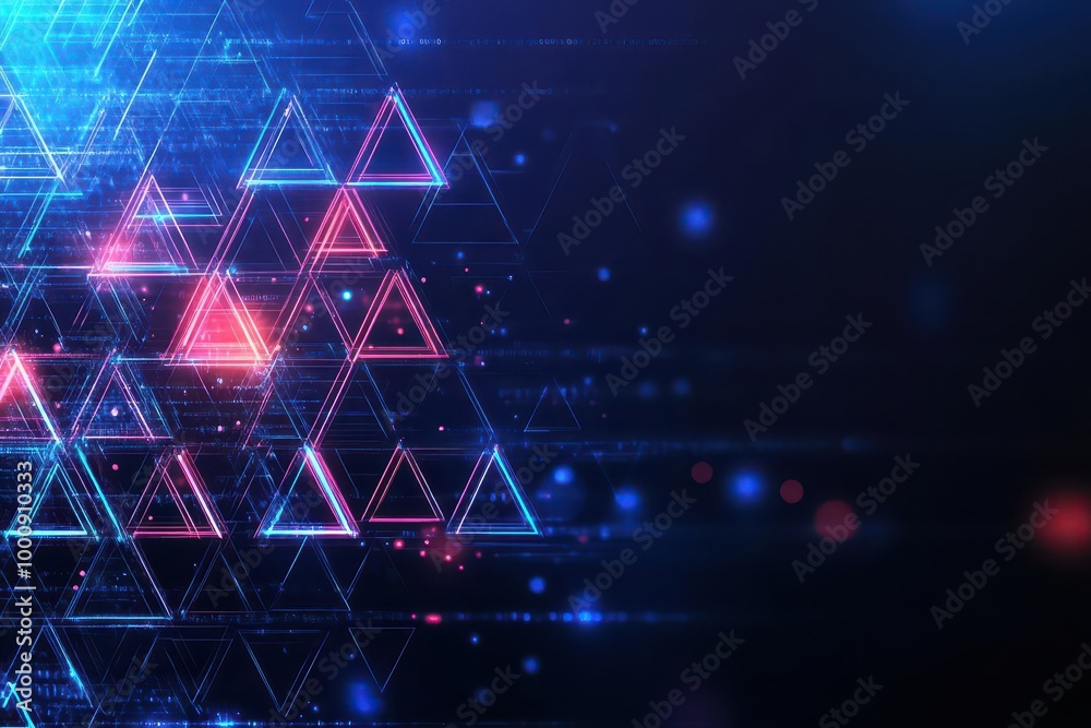 Poster glowing triangle grid, holographic light effects, abstract digital design, futuristic dark backgroun