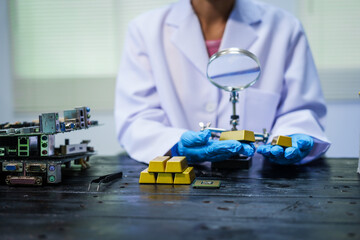 Factory worker overseas molten metal pouring into mold, surrounded by glowing heat in a steel foundry. Microchips and computer hardware components semiconductor and gold metal manufacturing.